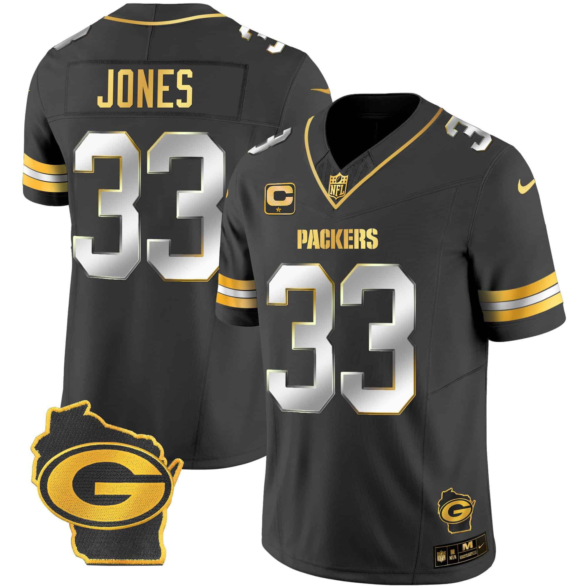 Men Green Bay Packers #33 Jones Black Gold 2024 Nike Home Patch Vapor NFL Jersey style 1->indianapolis colts->NFL Jersey